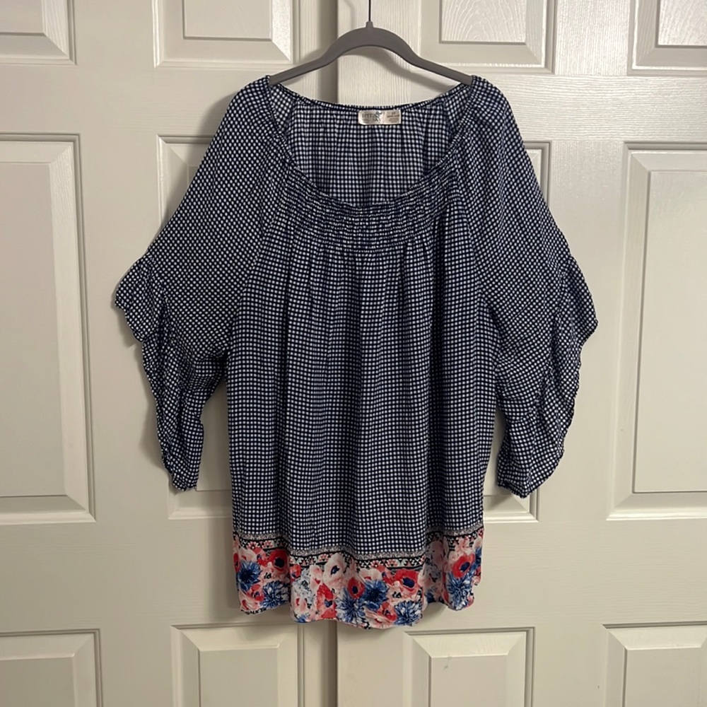 U91- Terra & Sky Shirt Blue White Off Shoulder Bell Sleeve Top Blouse Size 2X